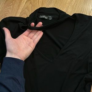 Boohoo long sleeve v-neck one piece with collar detail